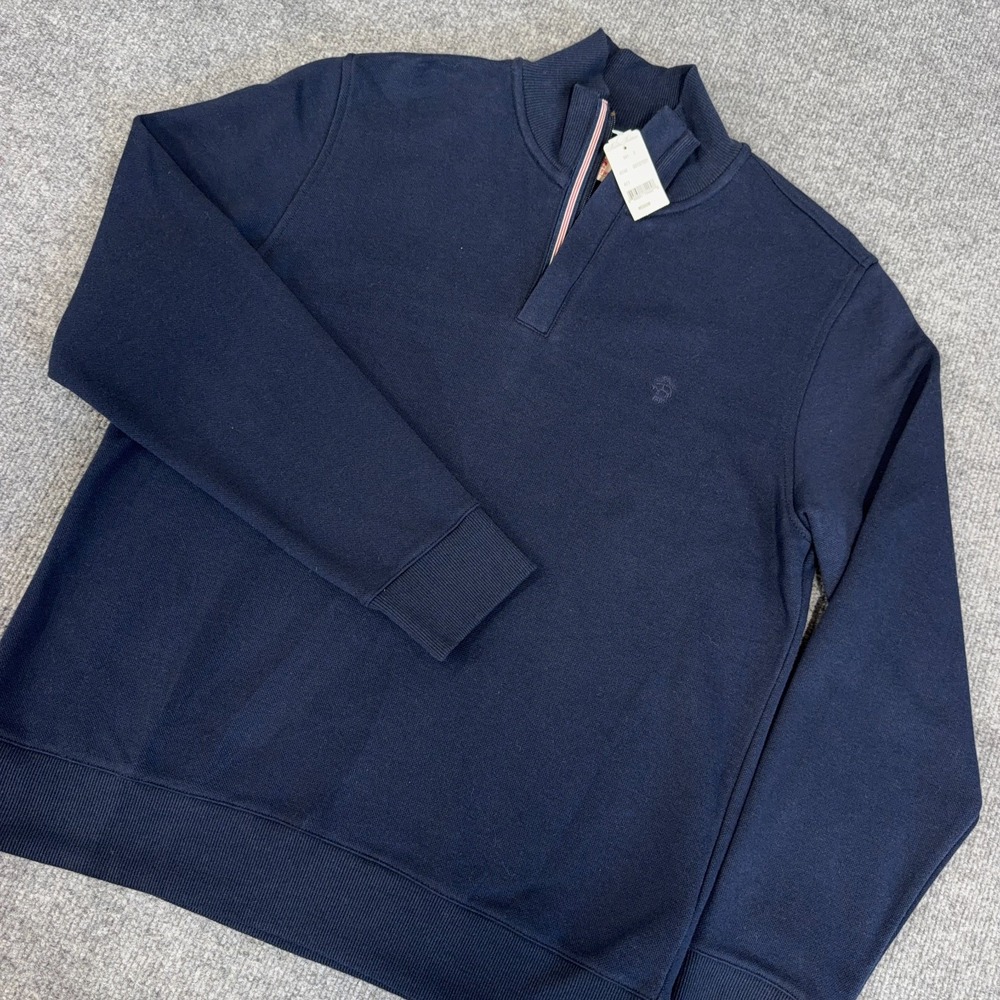 Brooks Brothers Sweater Men Medium Navy Pique Knit 1/4 Zip Sweatshirt Logo NEW